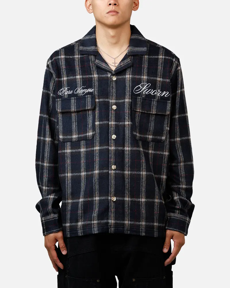 Sworn To Us Lotus Angel Flannel Button Up Shirt Navy 1
