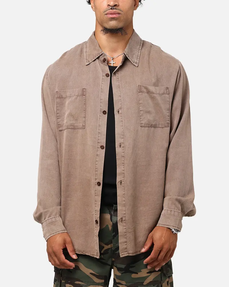 Xxiii Acid Wash Button Up Over Shirt Washed Brown 1