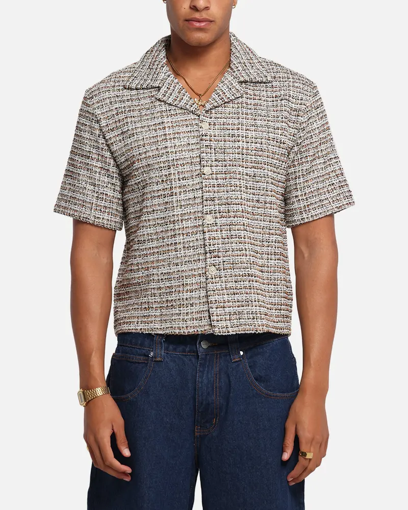 Xxiii Boucle Tweed Crop Button Up Shirt Cream/Brown 1