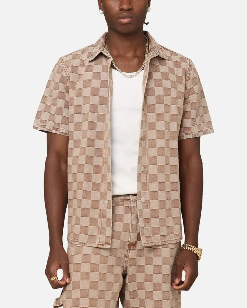 Xxiii Checker Board Button Up Shirt Tan 1