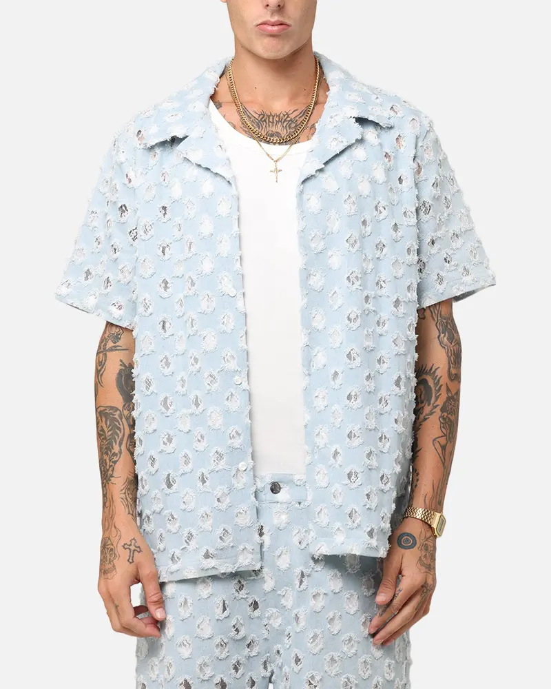 Xxiii Lace Textured Denin Button Up Shirt Light Blue 1