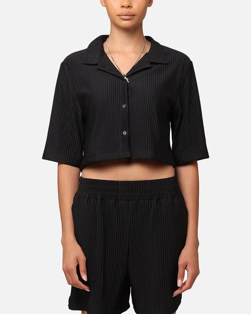 Xxiii Women's Cropped Pleated Button Up Shirt Black 1