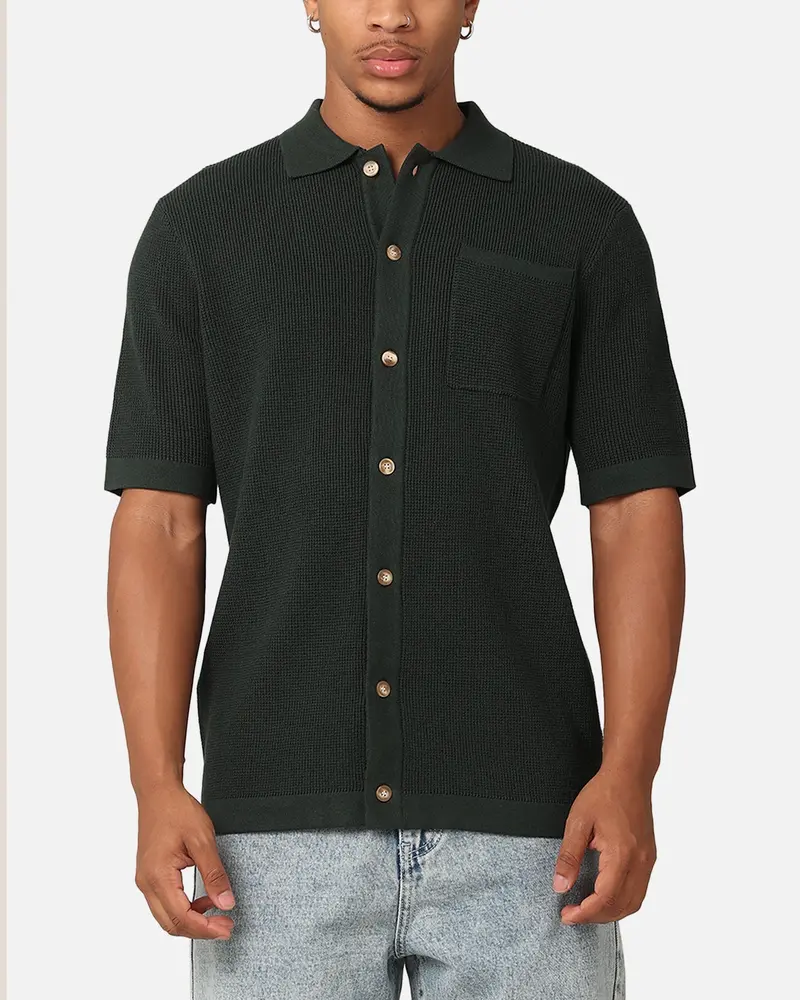 Xxiii Zyair Knit Rib Button Up Shirt Dark Green 1