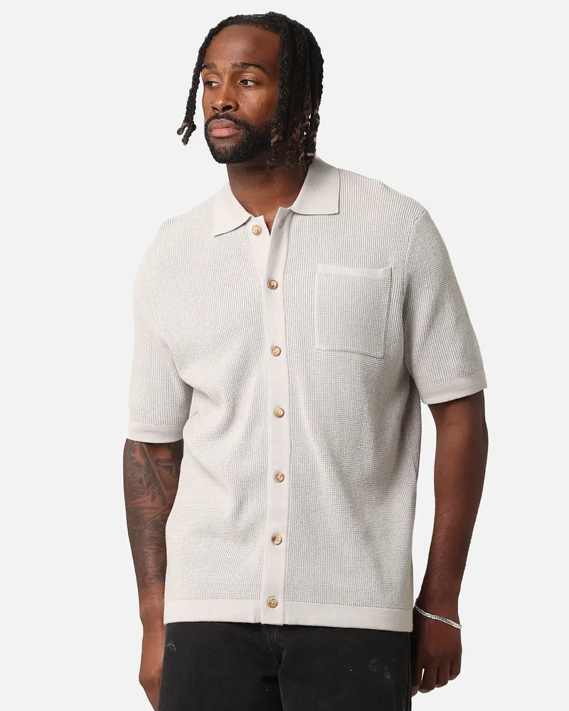 Xxiii Zyair Knit Rib Button Up Shirt Stone 1