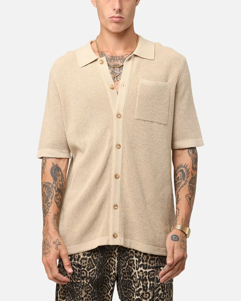 Xxiii Zyair Knit Rib Button Up Shirt Tan 1