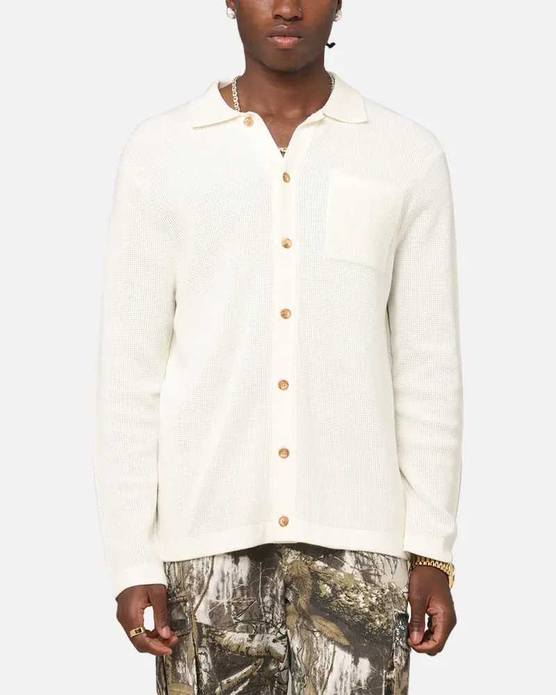 Xxiii Zyair Knit Rib Long Sleeve Button Up Shirt Cream 1