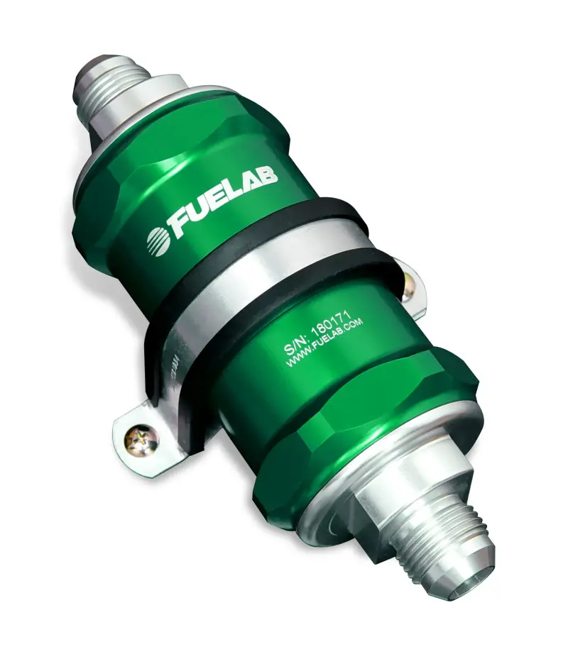 Fuelab 818 Inline Fuel Filter – -10 An Fittings, 40-Micron Stainless Steel Element, Green Housing 1